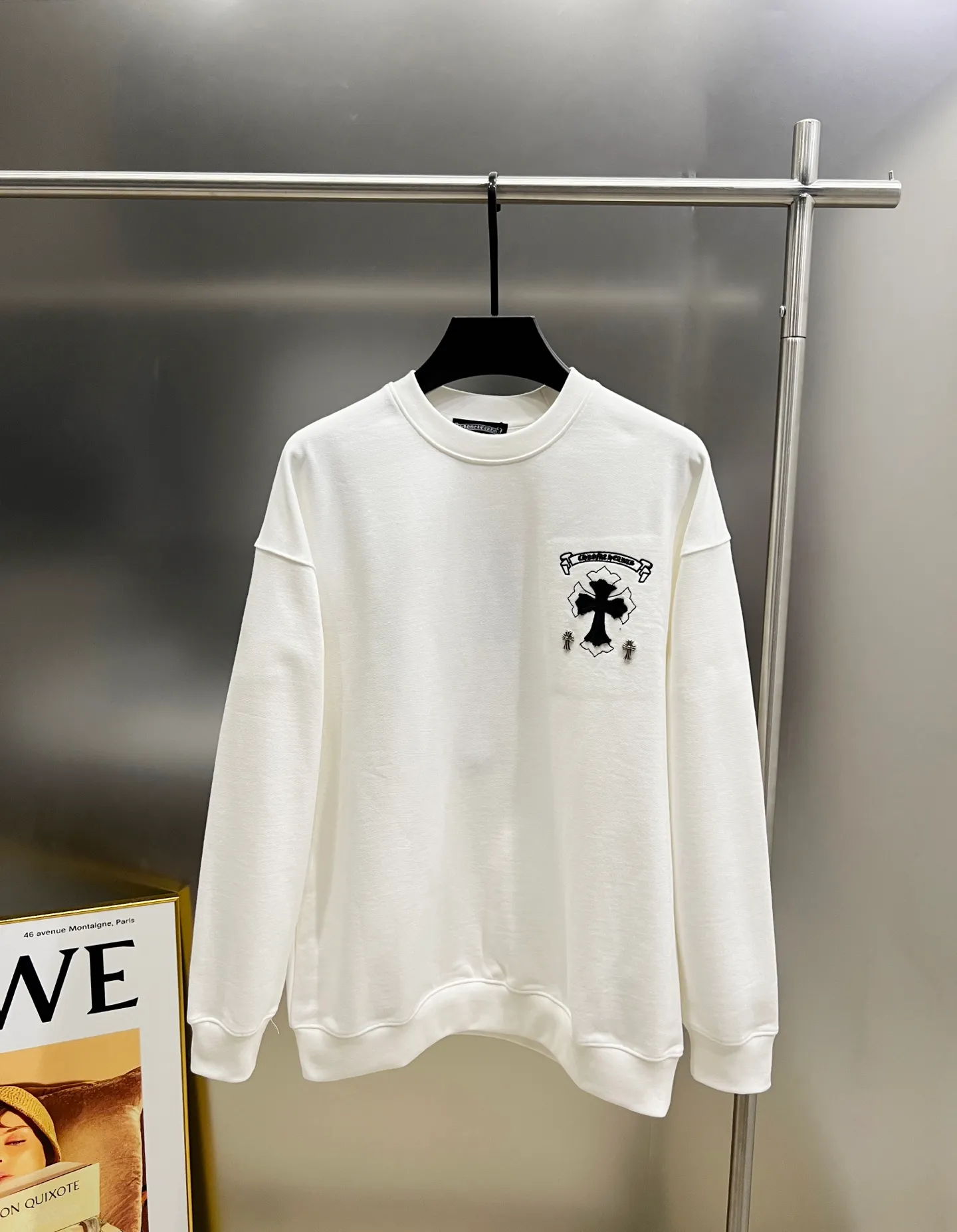 🅿️310 CH Cro 2025 autumn and winter new style, customized 430g double yarn plain fabric, round neck long-sleeved sweatshirt, cross three-dimensional embroidery technology + cross patch hardware, the real thing is great🔥Same style for men and women, loose version, size S M L XL XXL five sizes black white